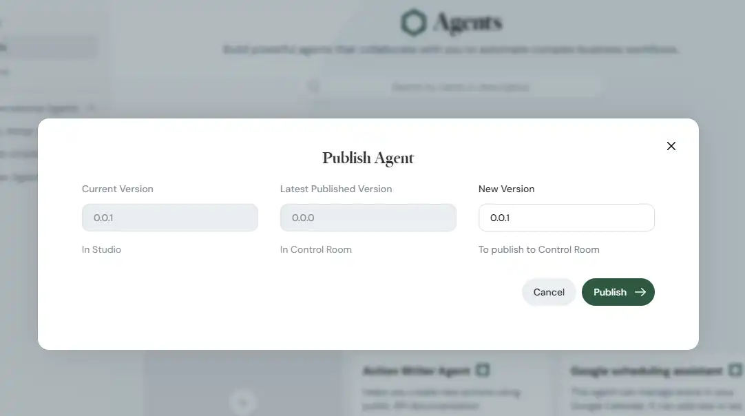 Specify version of the agent published to Control Room