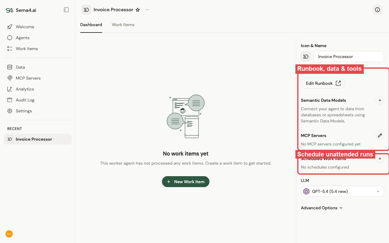 The worker agent config panel: Edit Runbook, Semantic Data Models, MCP Servers, and Scheduled Work Items