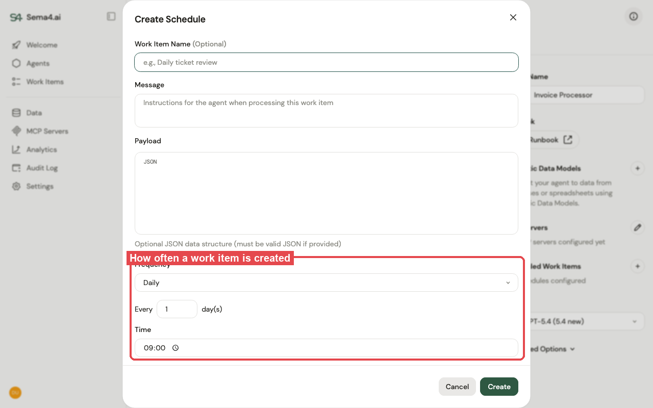 The Create Schedule dialog with the frequency, interval, and time section highlighted