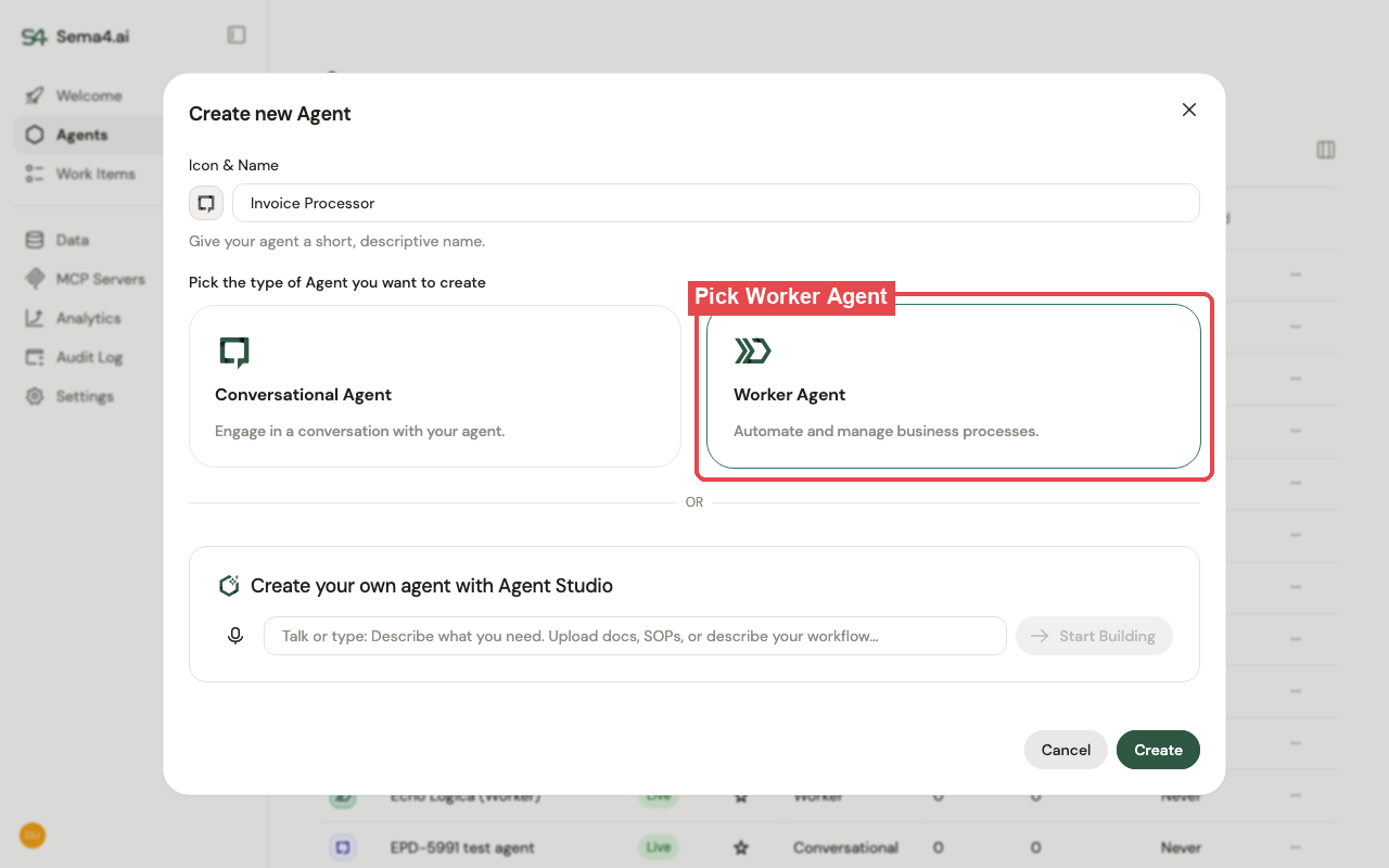 The Create new Agent dialog with the Worker Agent type selected