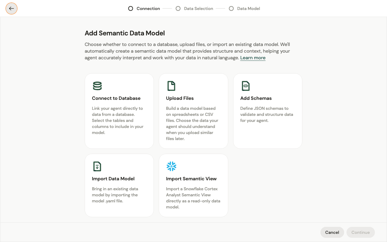 The Add Semantic Data Model view with five source options: Connect to Database, Upload Files, Add Schemas, Import Data Model, Import Semantic View