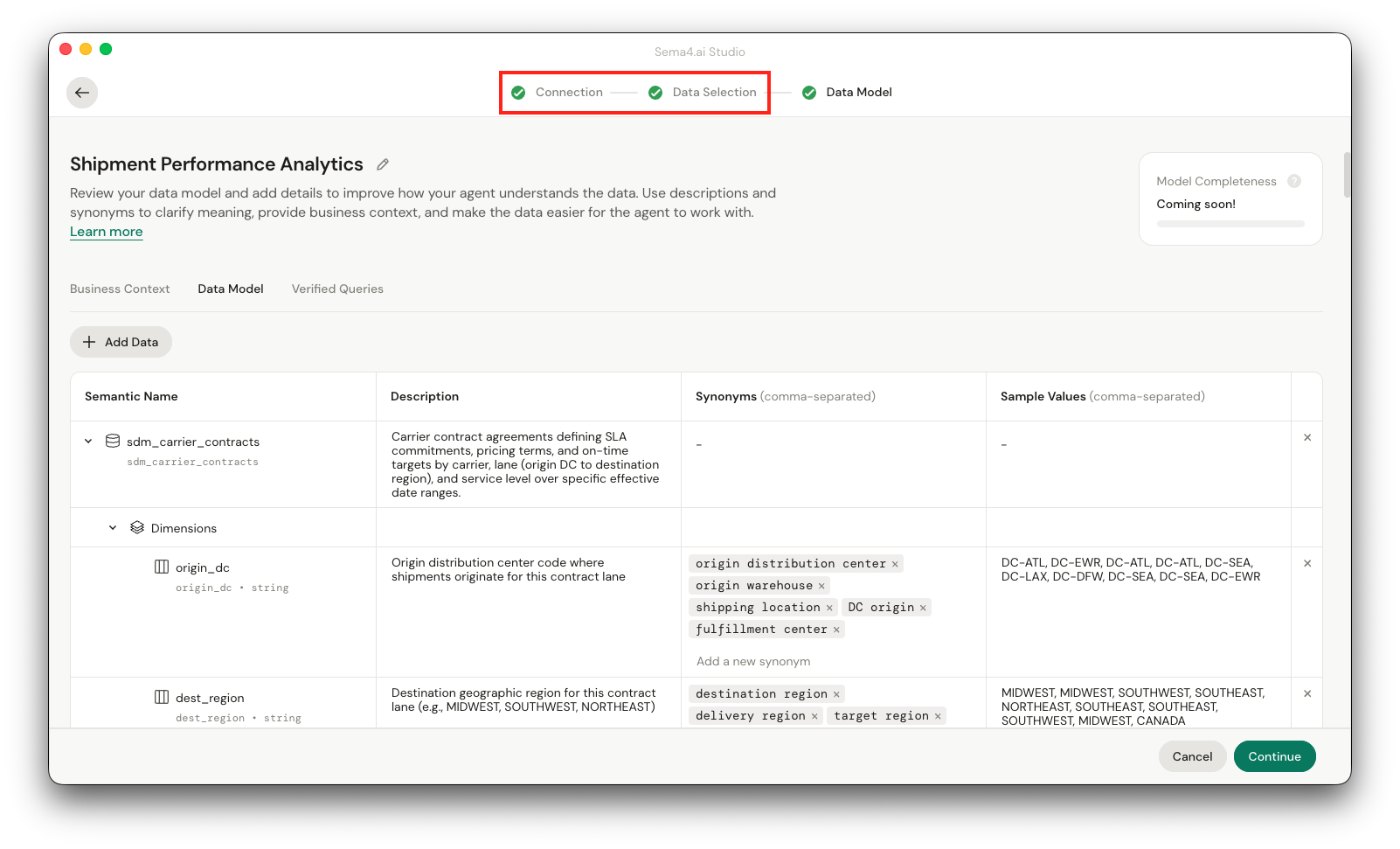 Data connection and selection