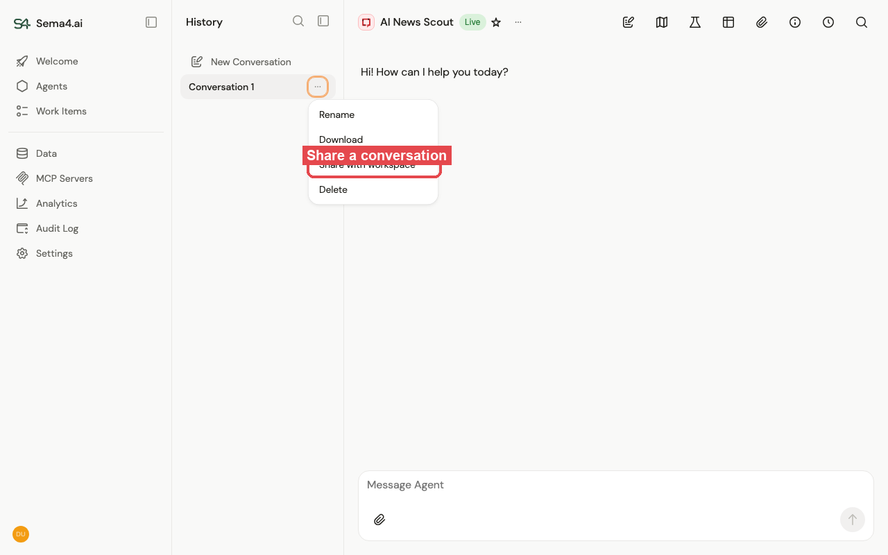 The thread actions menu showing Rename, Download, Share with workspace, and Delete
