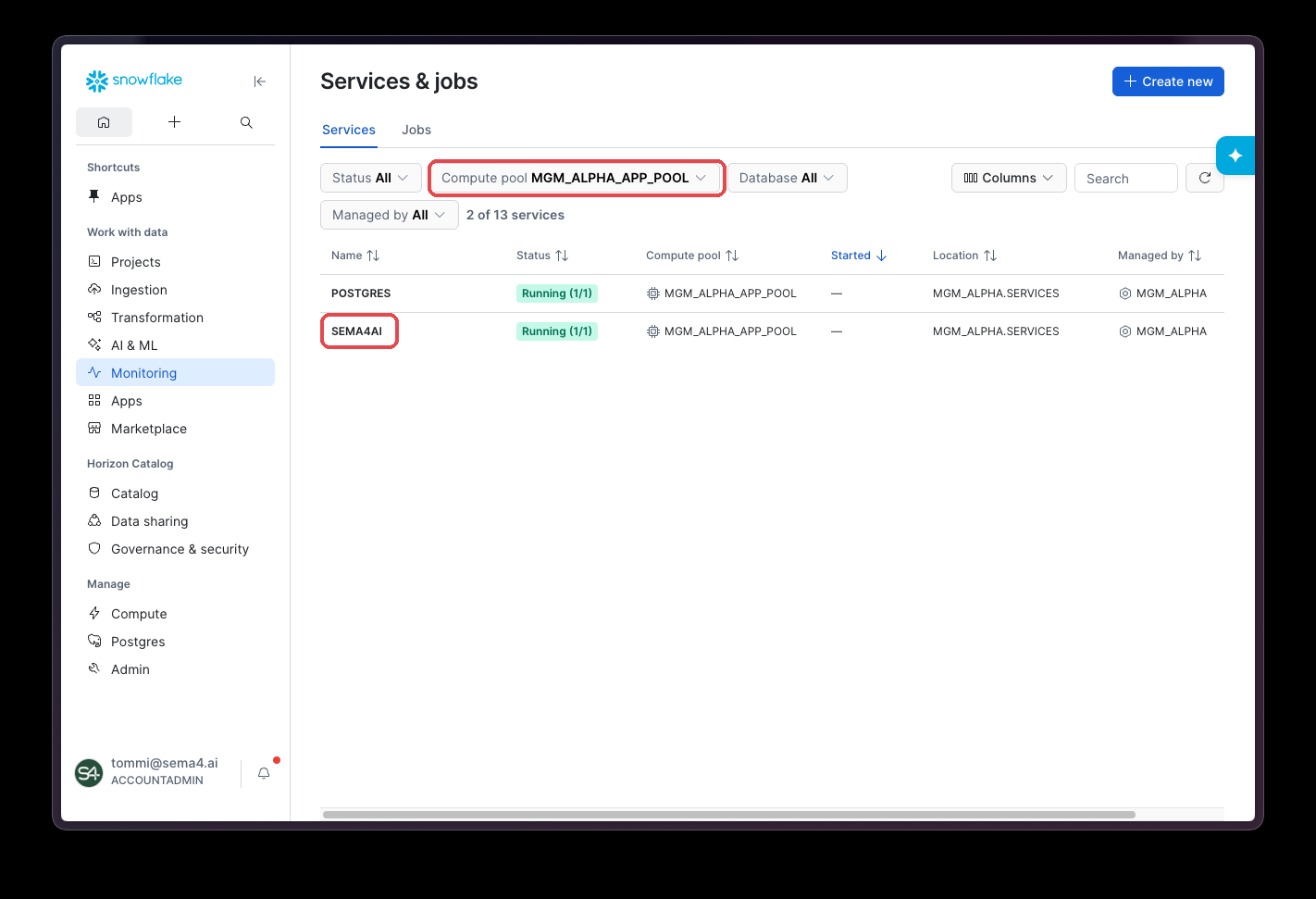 The Services & jobs list filtered to the app's compute pool, with the SEMA4AI service highlighted
