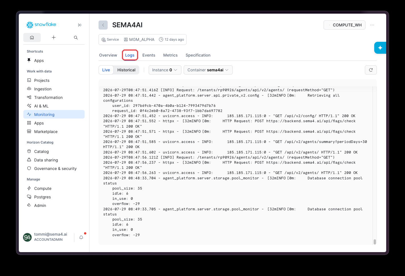The SEMA4AI service page with the Logs tab highlighted, showing live application logs