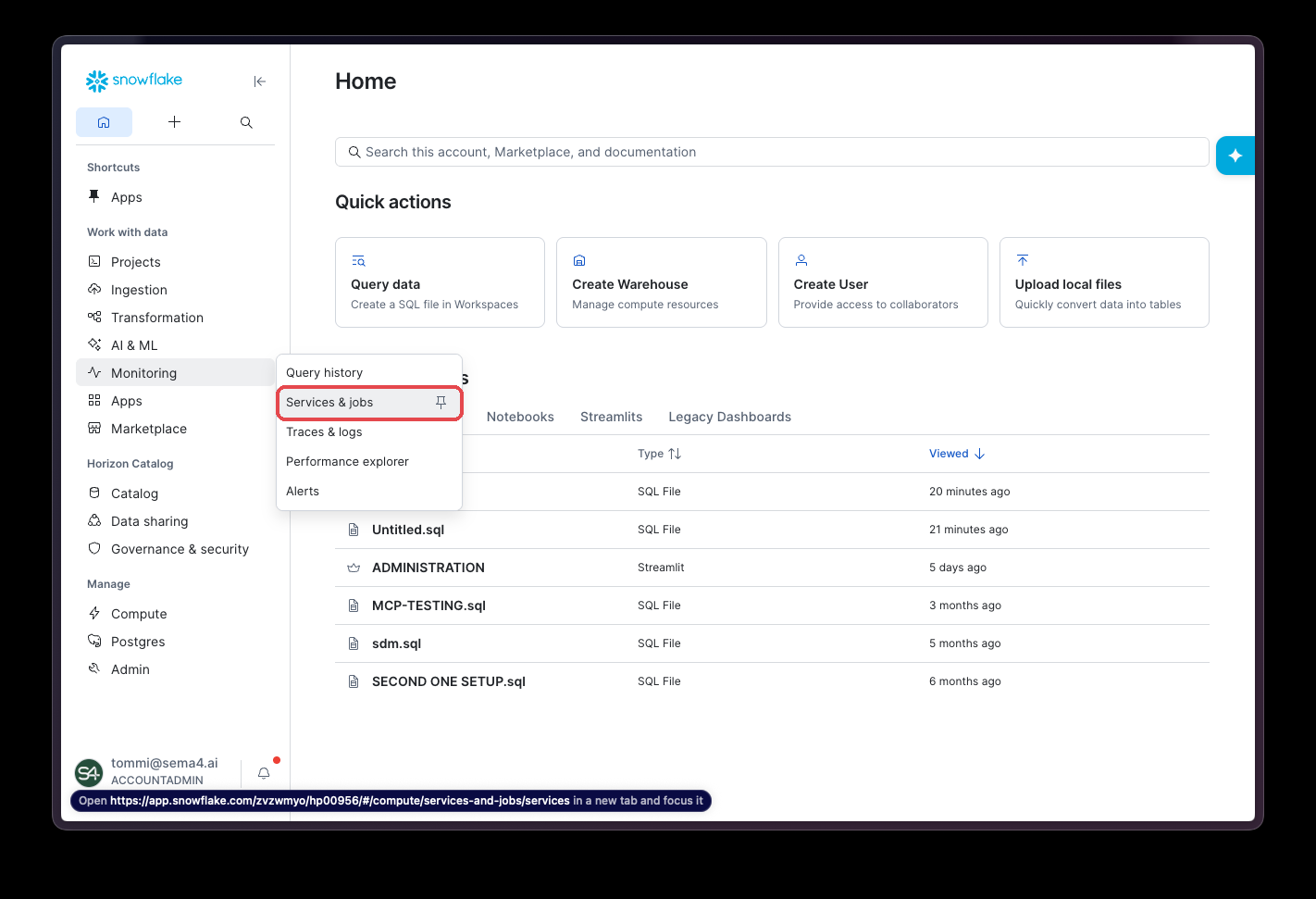 The Snowsight Monitoring menu with Services & jobs highlighted