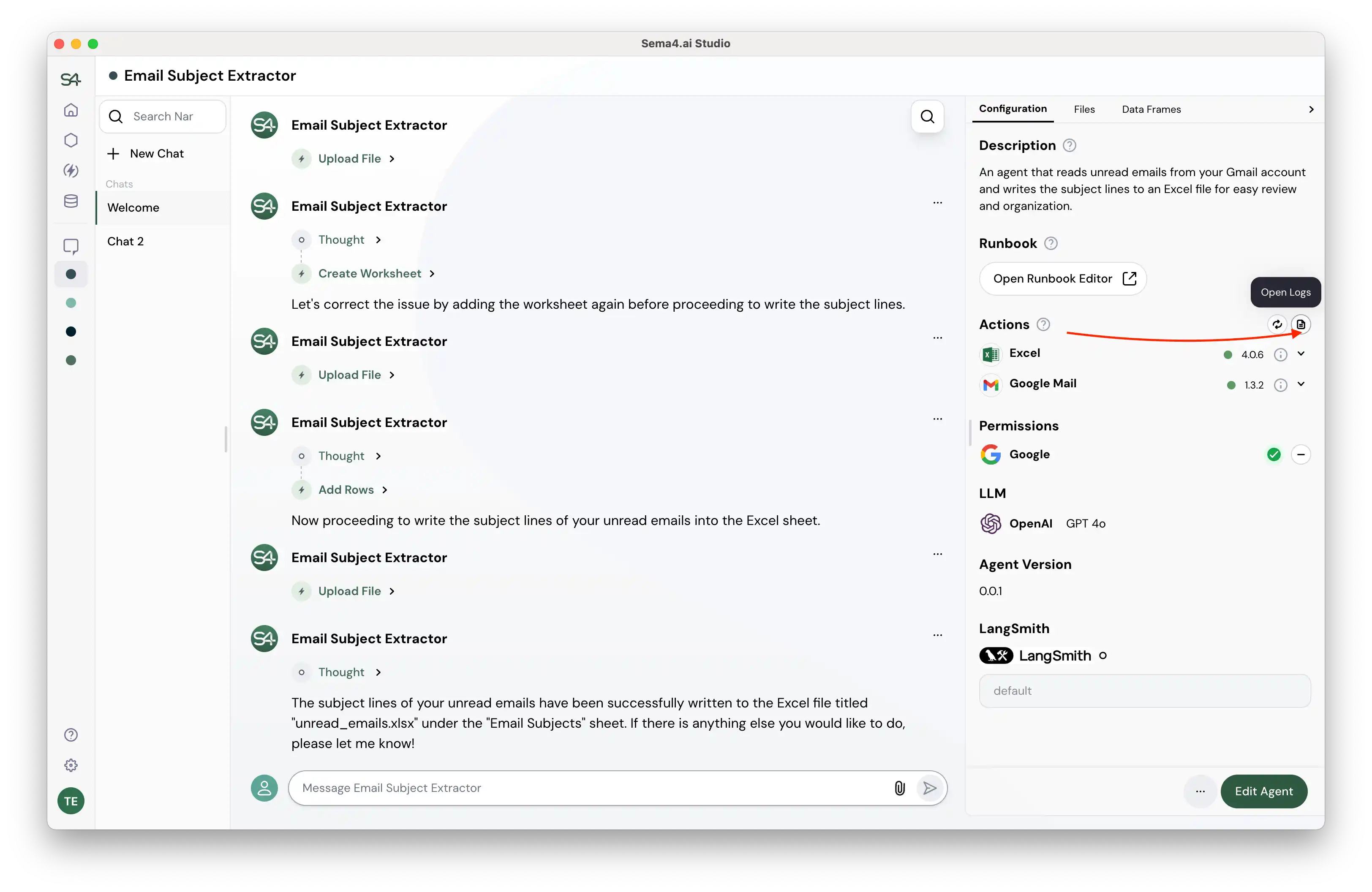 Accessing Action Logs in Sema4.ai Studio