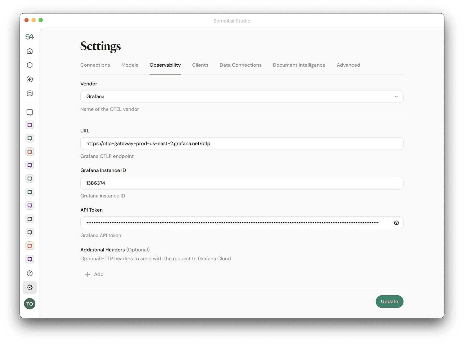 LLM Observability settings in Sema4.ai Studio