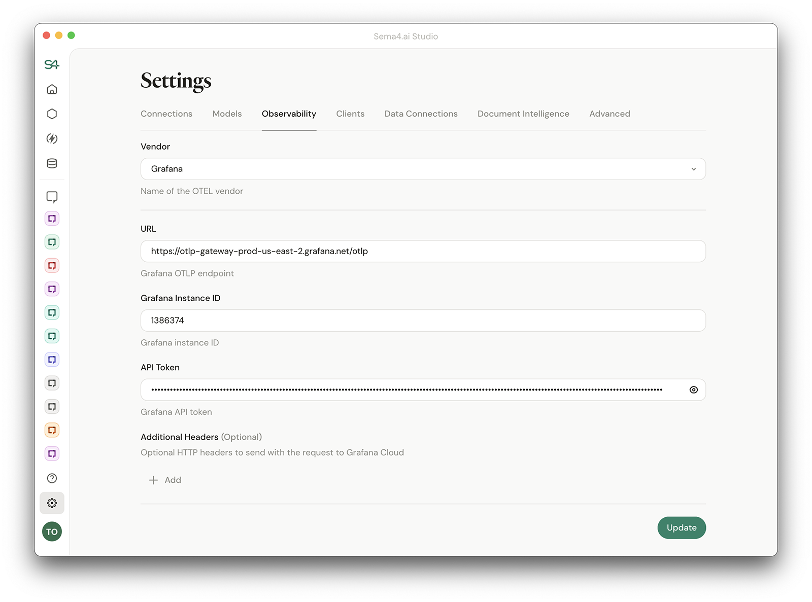 LLM Observability settings in Sema4.ai Studio