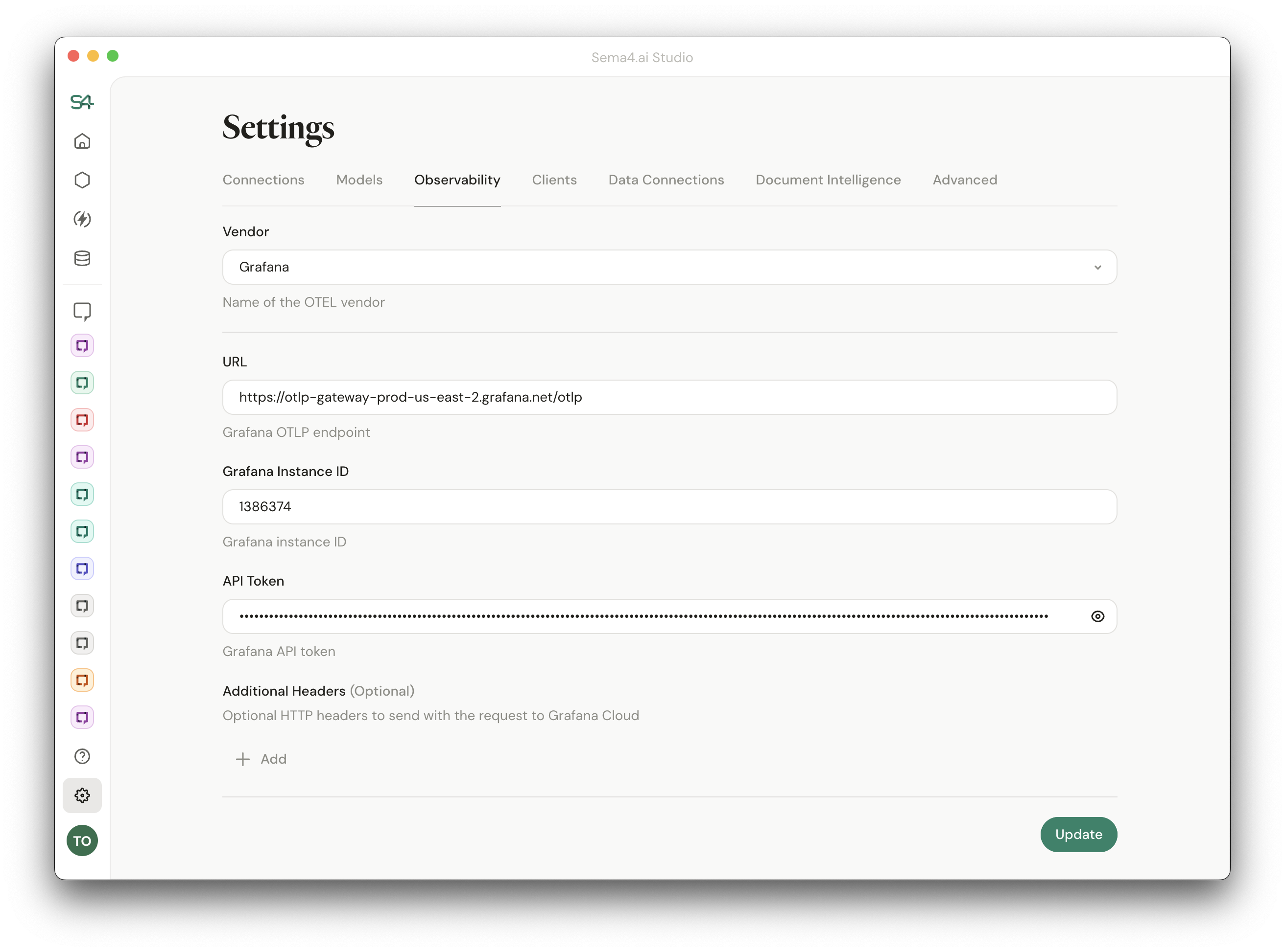 LLM Observability settings in Sema4.ai Studio