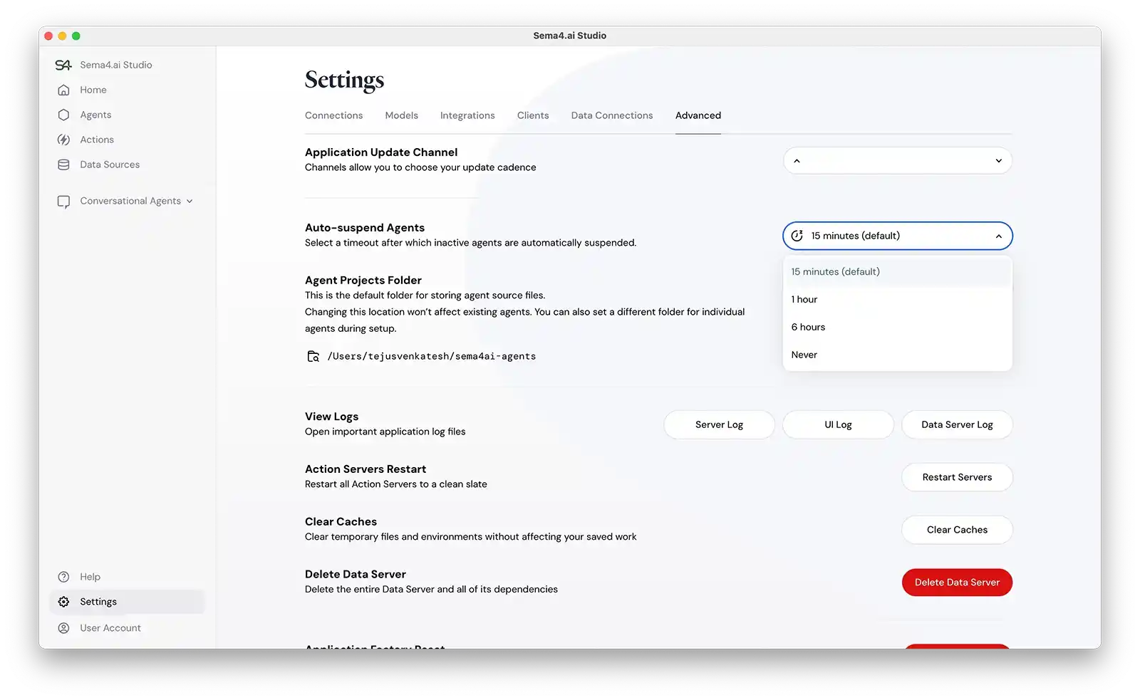 Sema4.ai Studio Advanced Settings