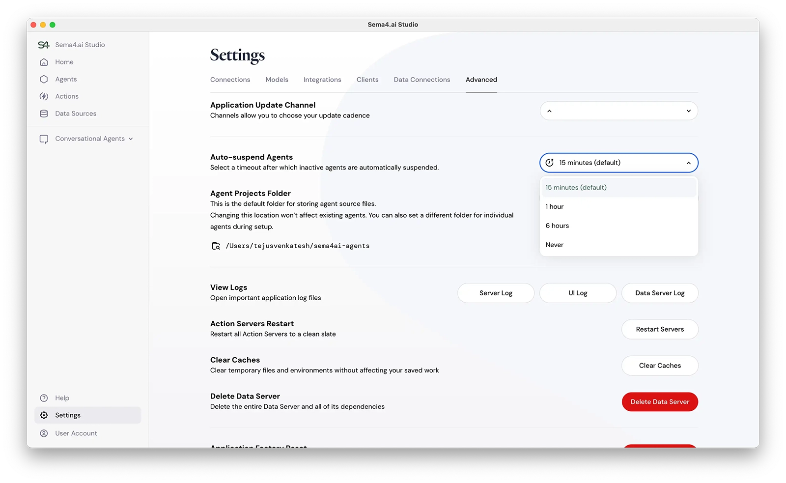 Sema4.ai Studio Advanced Settings