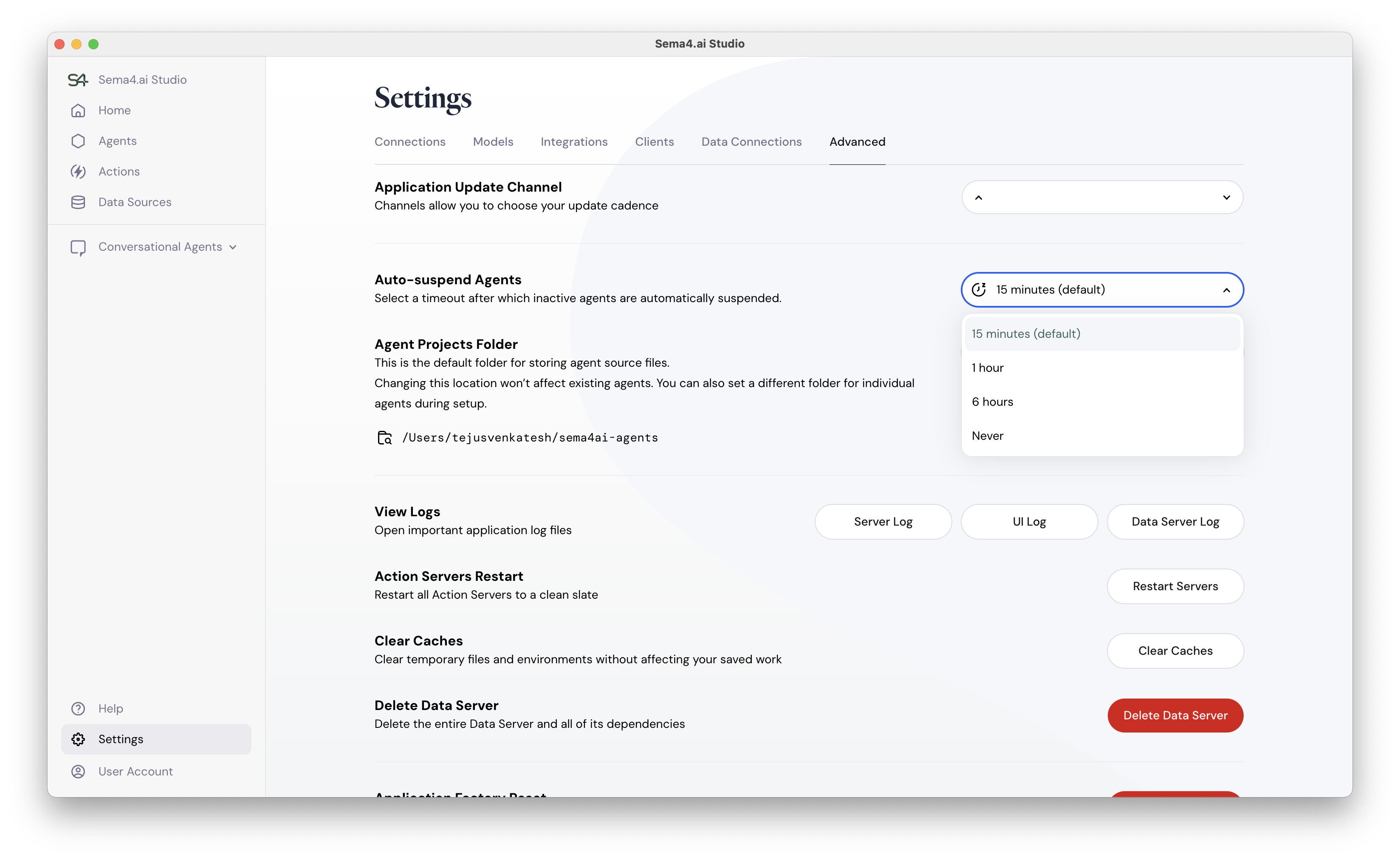 Sema4.ai Studio Advanced Settings