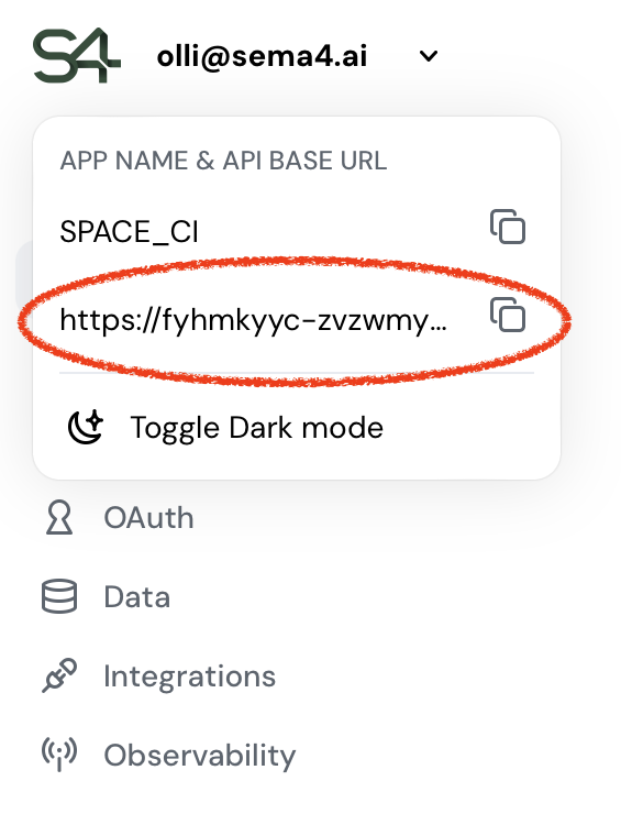 Public API base URL in the top-left app menu