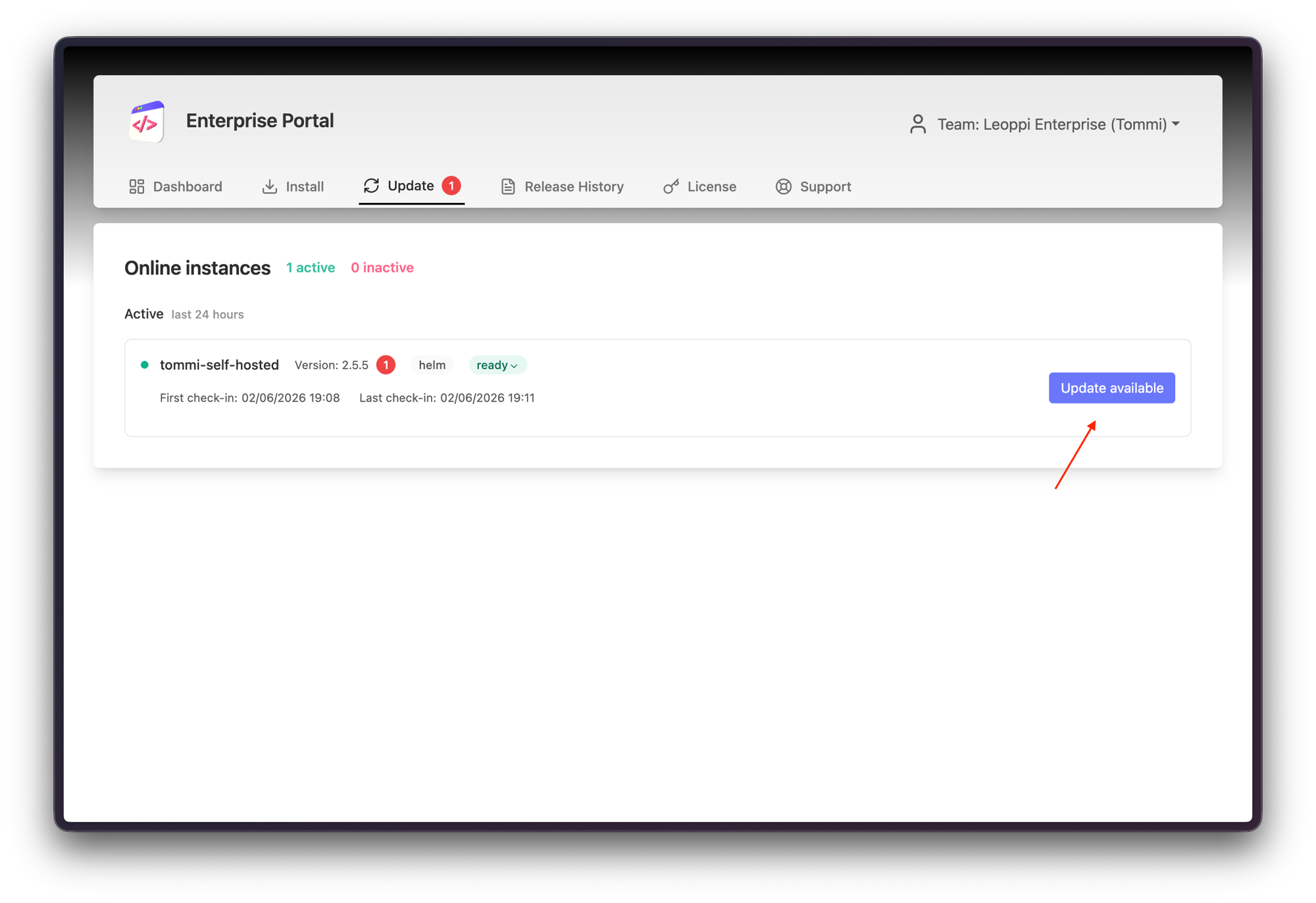 Enterprise portal Update tab showing an instance with an available update