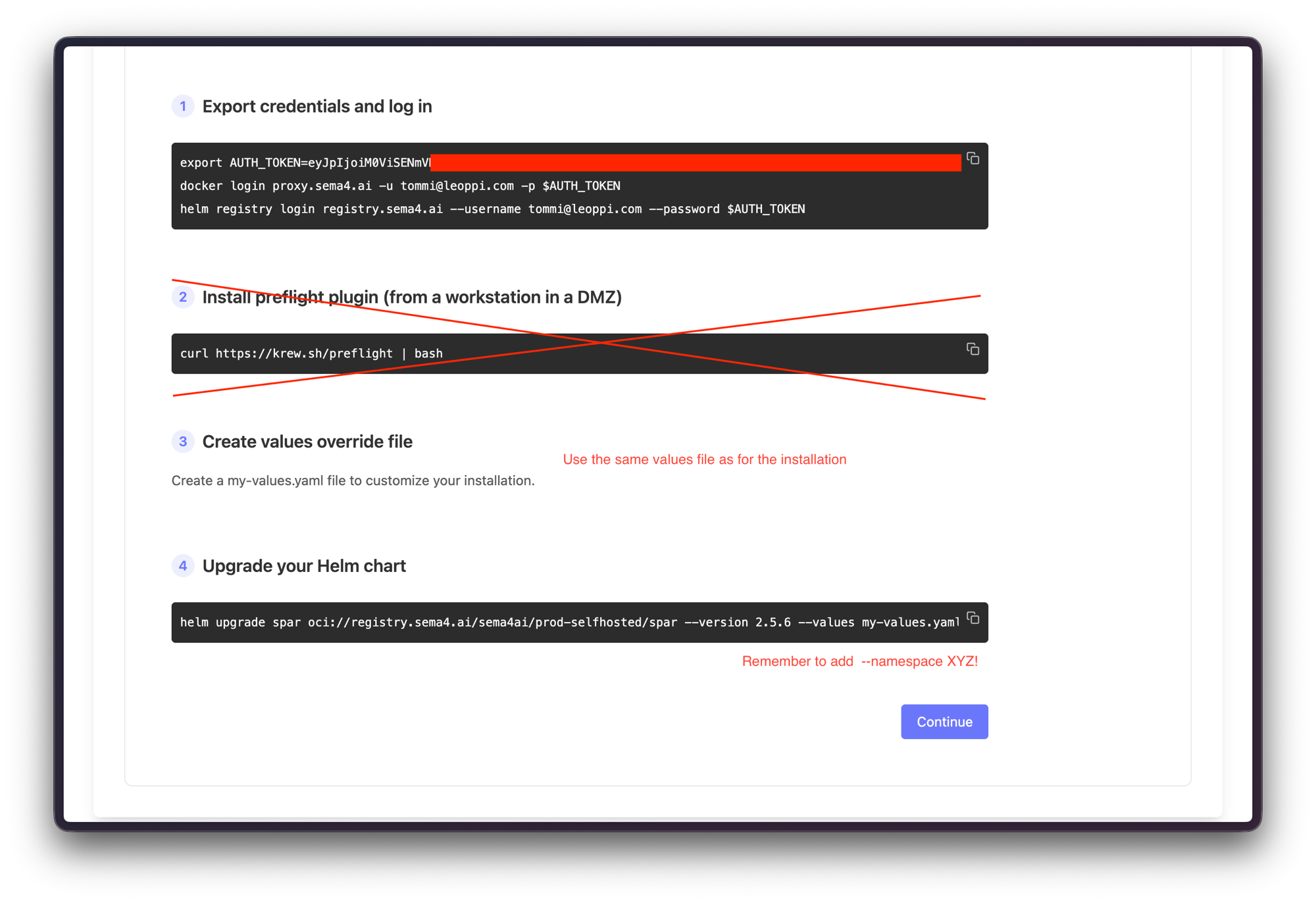 Enterprise portal Helm Online Update: export credentials, skip preflight, reuse the values file, helm upgrade
