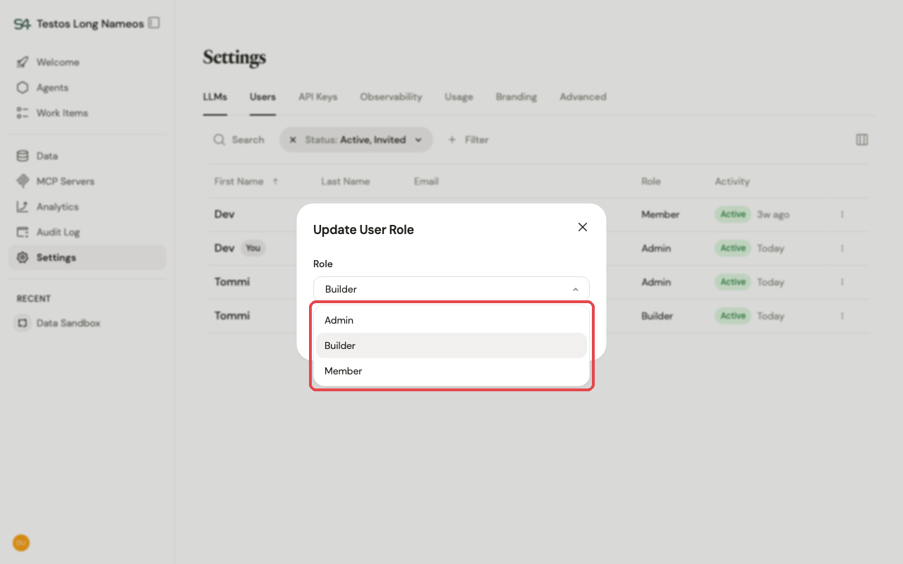 The Update User Role dialog with the role dropdown open, showing Admin, Builder, and Member