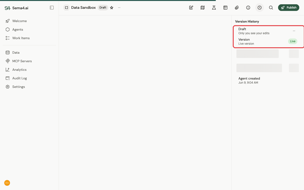 The Version History panel listing the private draft and the published live version