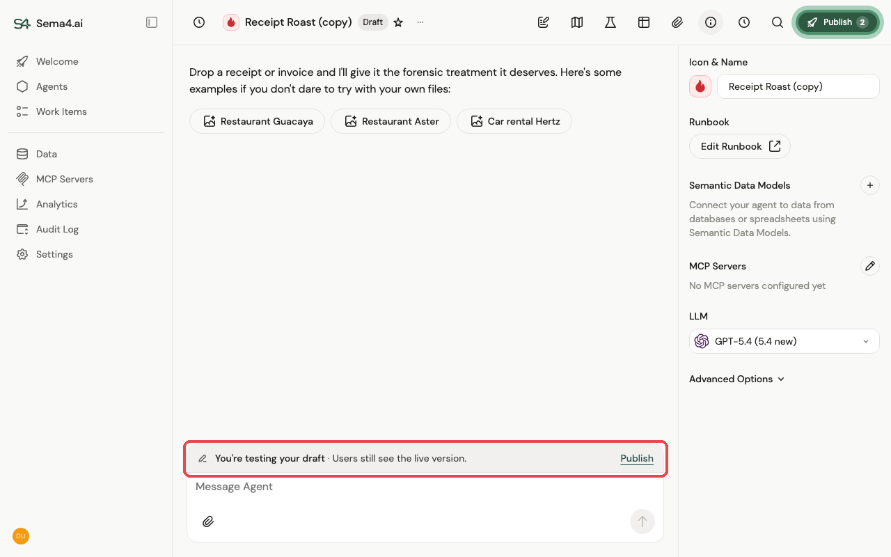 A draft in edit mode: the Draft badge, the Publish button, and the "You're testing your draft — users still see the live version" banner