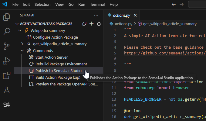 Publish action from VS Code to Studio