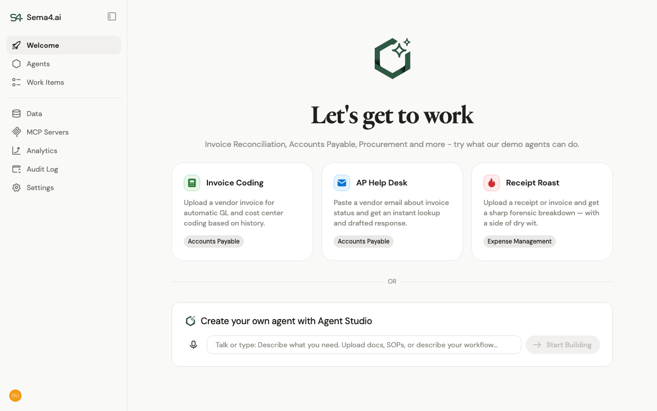 The Welcome page with the three demo agents: Invoice Coding, AP Help Desk, and Receipt Roast
