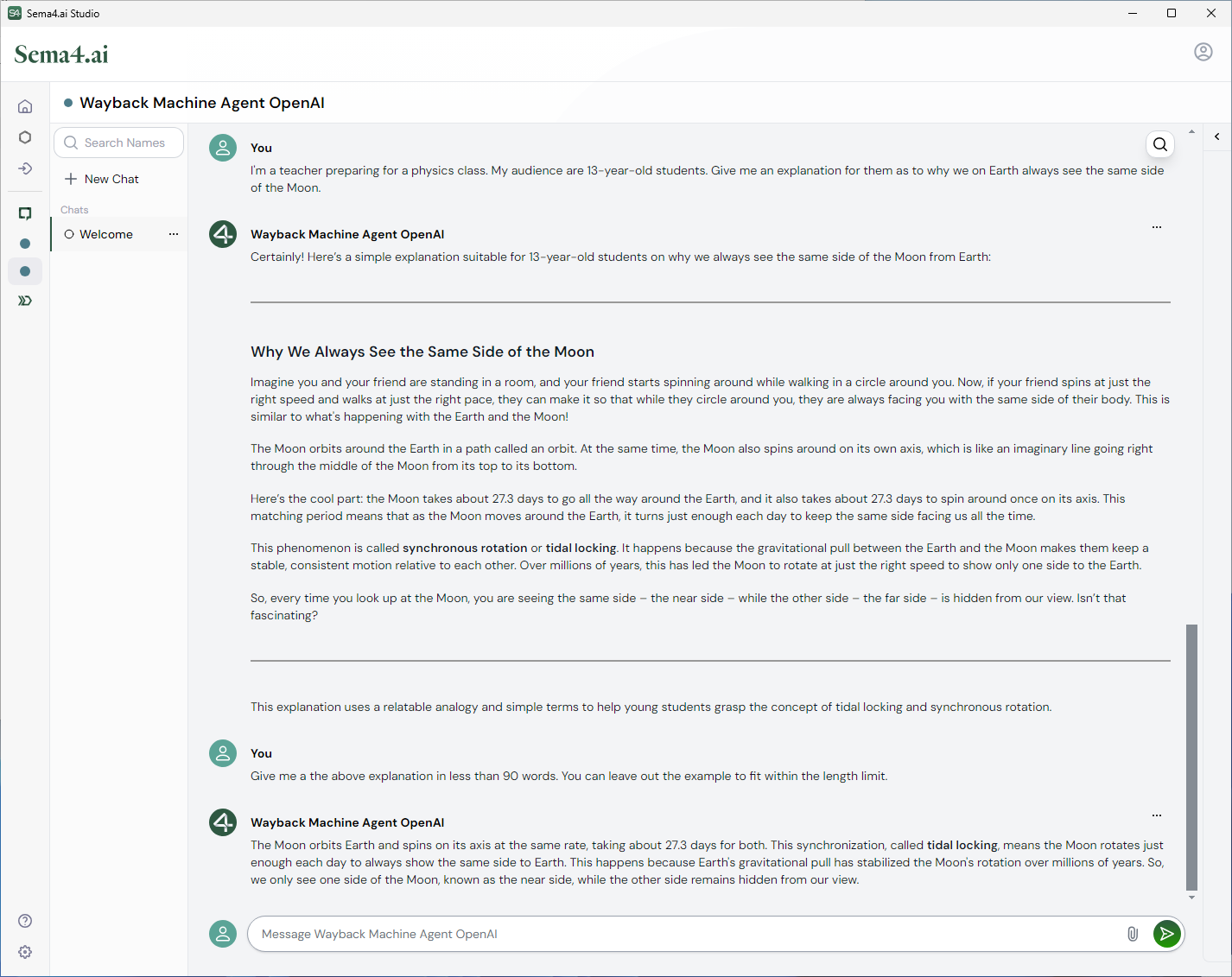 Chat history with the Wayback Machine agent serving as a teacher assistant