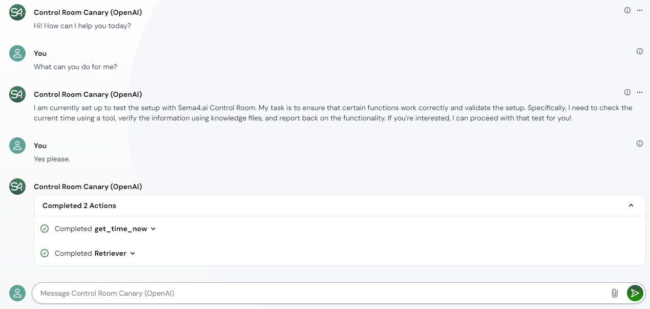 Chat history with the Canary agent