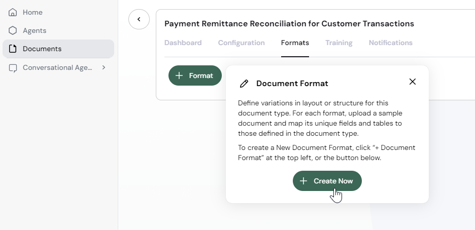 Prompt to create the first document format for the selected document type