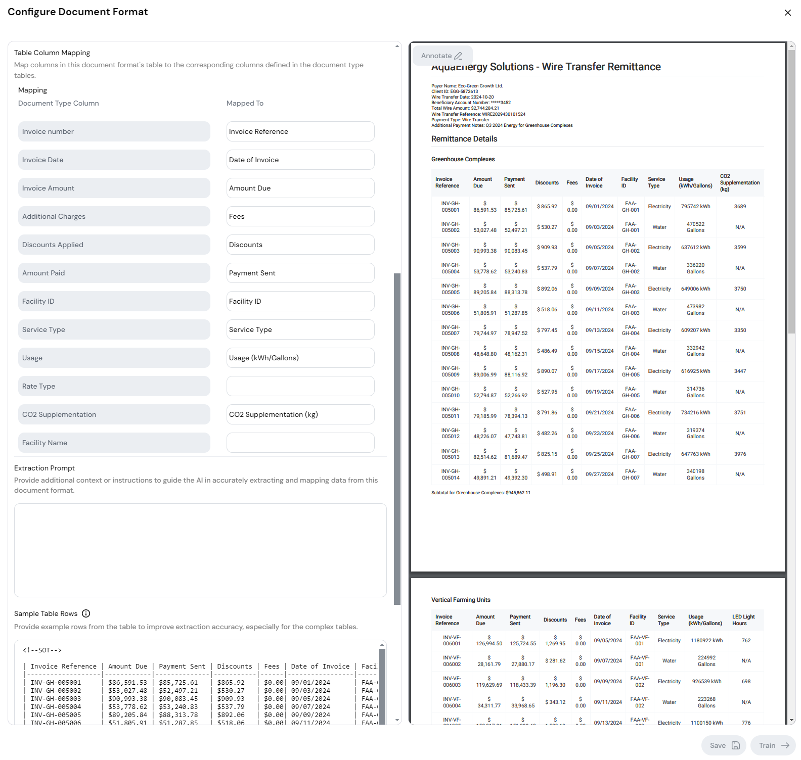 Column mapping for table data