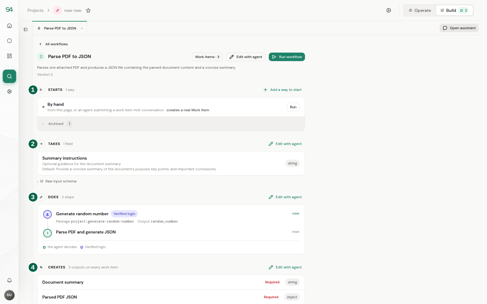 A Workflow open in Build, showing the Starts, Takes, Does, and Creates sections