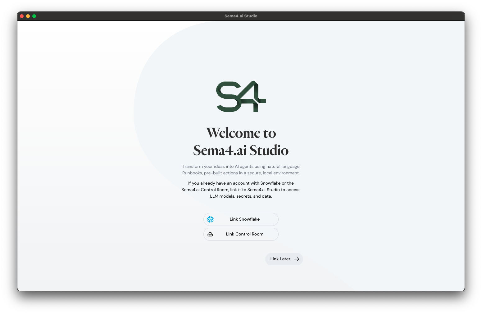 Sema4.ai Studio welcome screen