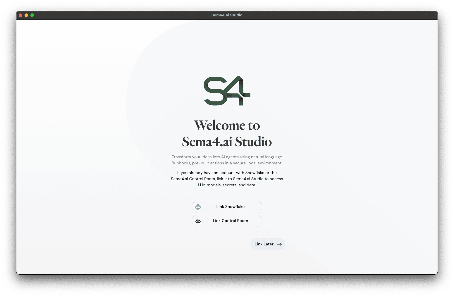 Sema4.ai Studio welcome screen