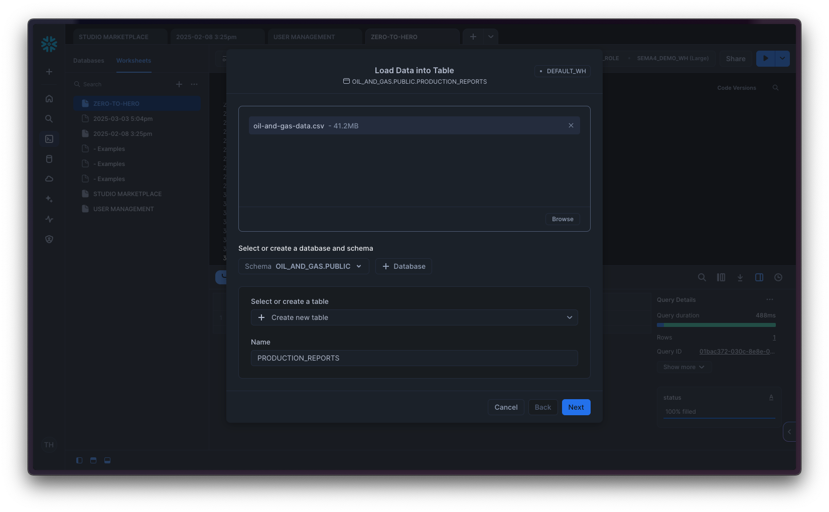 Create table