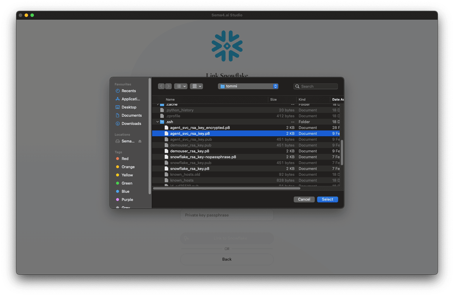 Select your private key
