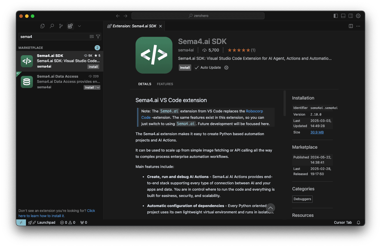 Search for Sema4.ai in the extension view