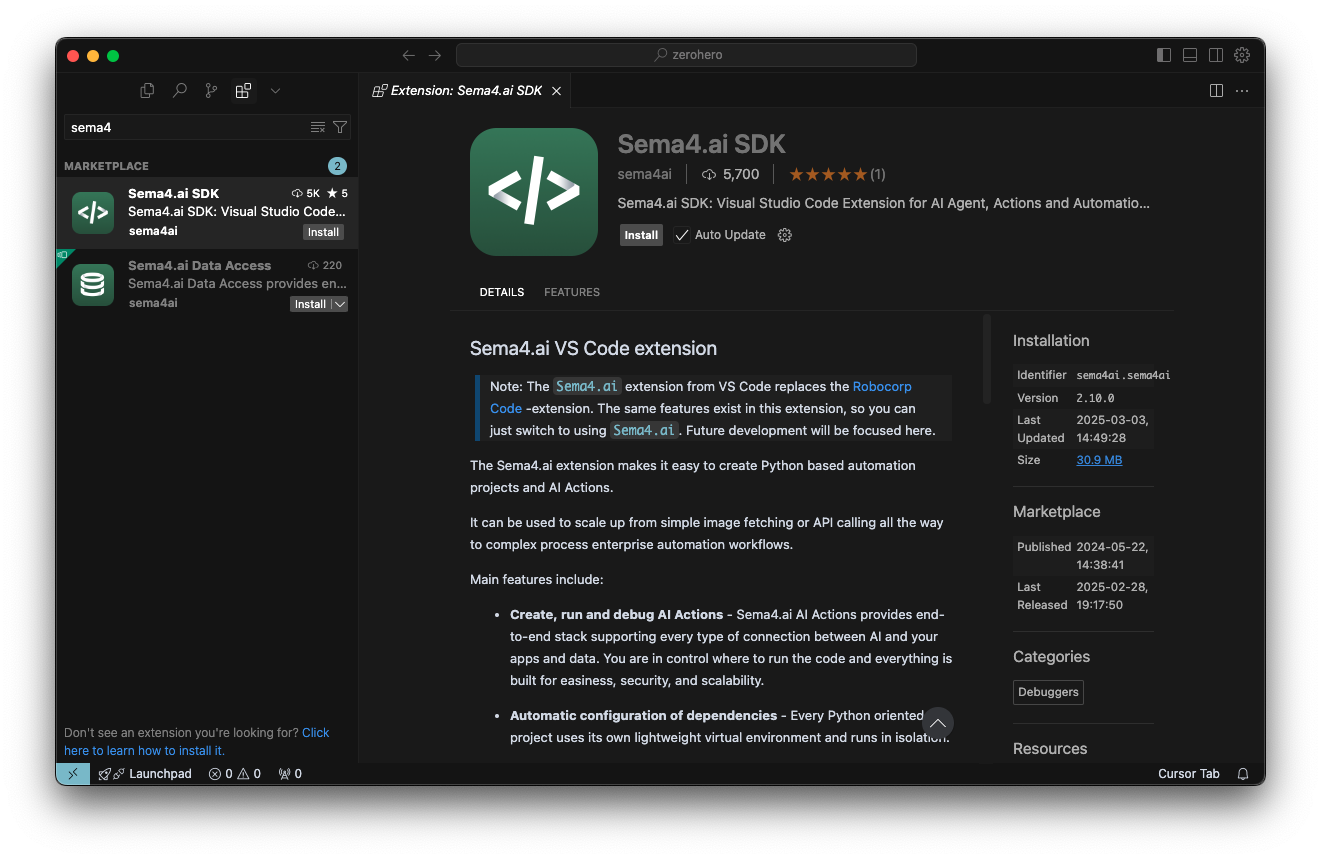 Search for Sema4.ai in the extension view