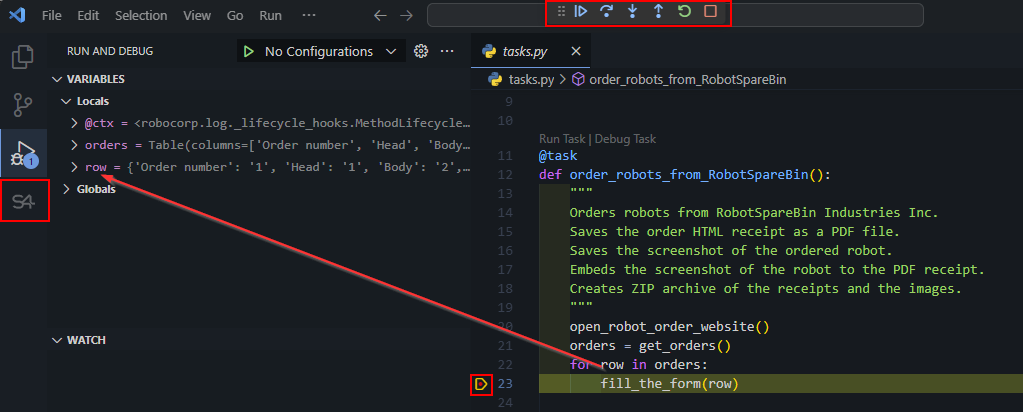 Debugging the robot in Visual Studio Code