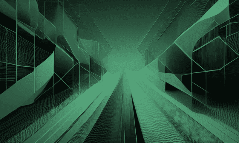 Abstract geometric shapes overlay a symmetrical, futuristic landscape in various shades of green, creating a sense of depth and motion within an enclosed space.