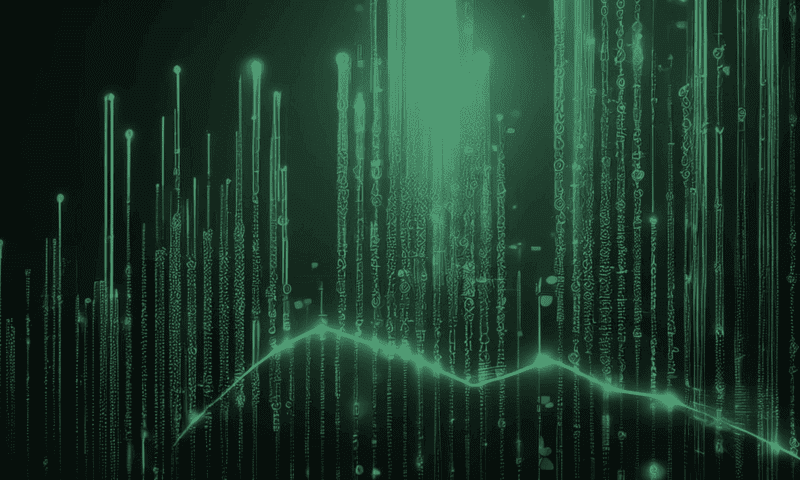 Vertical green digital lines resemble cascading data, with a glowing wave pattern intersecting them, set against a dark background, creating a futuristic, technological atmosphere.