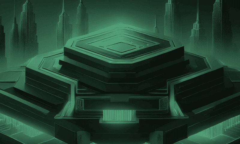 A futuristic, tiered structure sits illuminated in a green light, surrounded by towering, sleek skyscrapers in a stylized cityscape.