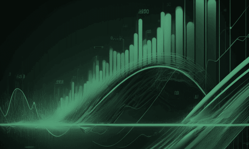 Glowing green bar graphs rise vertically, intersected by wavy lines against a dark backdrop, suggesting a dynamic digital data or analytics theme.