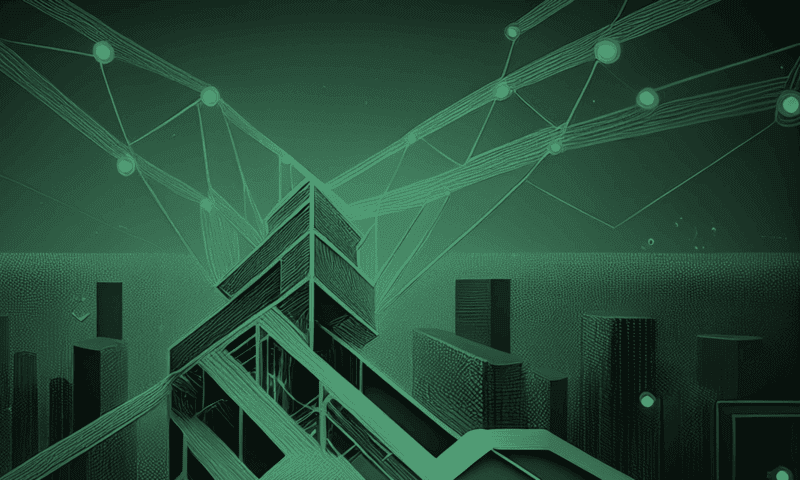 A geometric structure rises, intersected by glowing lines and nodes, against a backdrop of stylized cityscape silhouettes and overlaid circuitry patterns in shades of green.