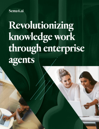 Sema4.ai text overlaid: "Revolutionizing knowledge work through enterprise agents." Two people collaborating on a laptop, seated in a modern workspace. Geometric graphics and contrasting colors accent the composition.