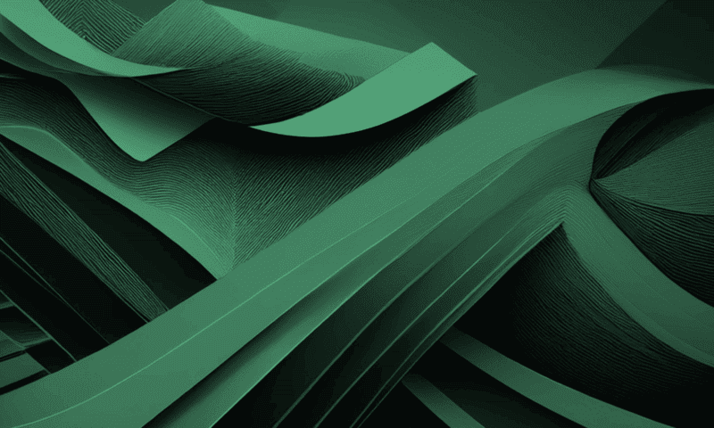 Layered green paper-like sheets curve and overlap, creating a dynamic wave pattern within a dark, abstract environment.