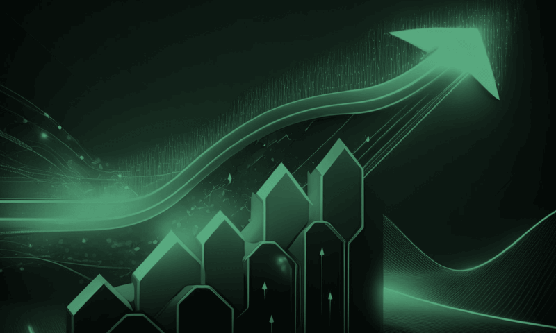 A large green arrow curves upward, symbolizing growth, above upward-pointing bar graphs in a stylized digital environment with abstract, flowing lines and dots, conveying technological progress. No text.