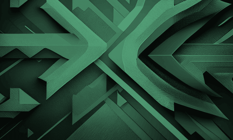 Abstract geometric shapes intersect, forming a pattern of arrows and lines. The design is primarily in shades of green, creating a layered, three-dimensional effect.