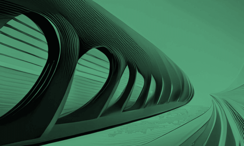 Curved architectural structure extends diagonally, featuring repeating slotted openings. The futuristic design is set against a smooth, green monochromatic background, creating a sense of depth and movement.