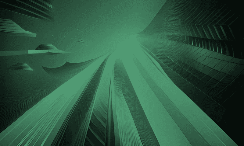 Abstract geometric shapes angle upwards in shades of green, creating a sense of depth and movement in a futuristic digital environment.