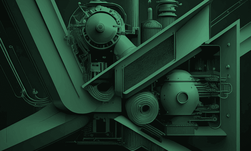A complex, abstract machinery structure with interlocking gears and pipes is arranged in geometric patterns, featuring a monochromatic green color scheme and no visible text.