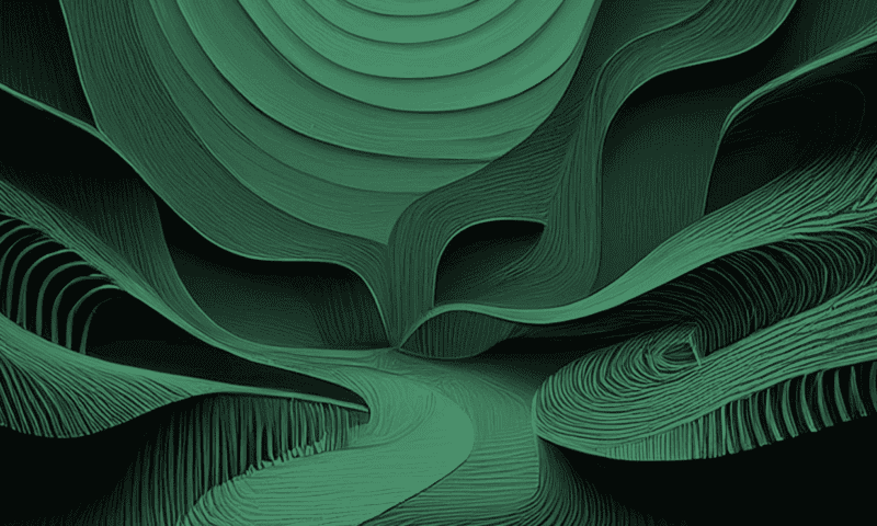 Abstract green shapes, resembling layered flowing curves, create a textured, wave-like pattern. The scene suggests a surreal, fluid landscape with undulating, overlapping folds.